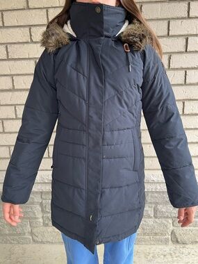 Roxy Navy Faux Fur Trim Long Puffer Coat